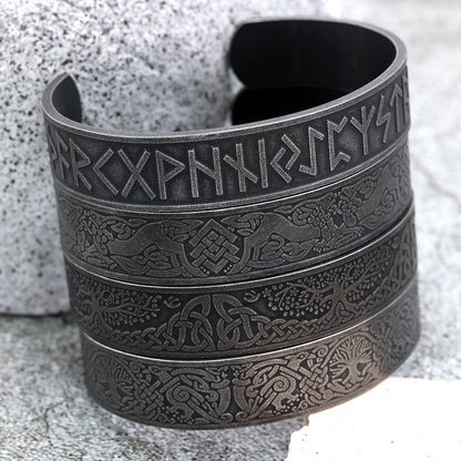 Men's Nordic Pirate Vintage Stainless Steel C-Cuff Bracelet with Engraved Viking Totem