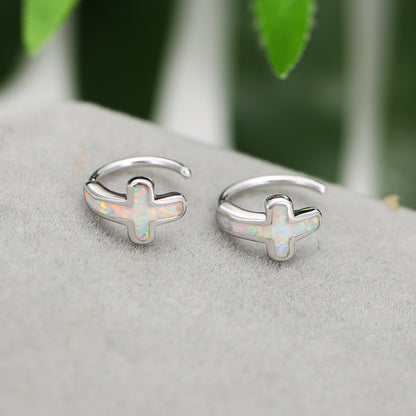 Women's Cross Opal C‑Shape Huggie Hoop Earrings, with White Gold Plating