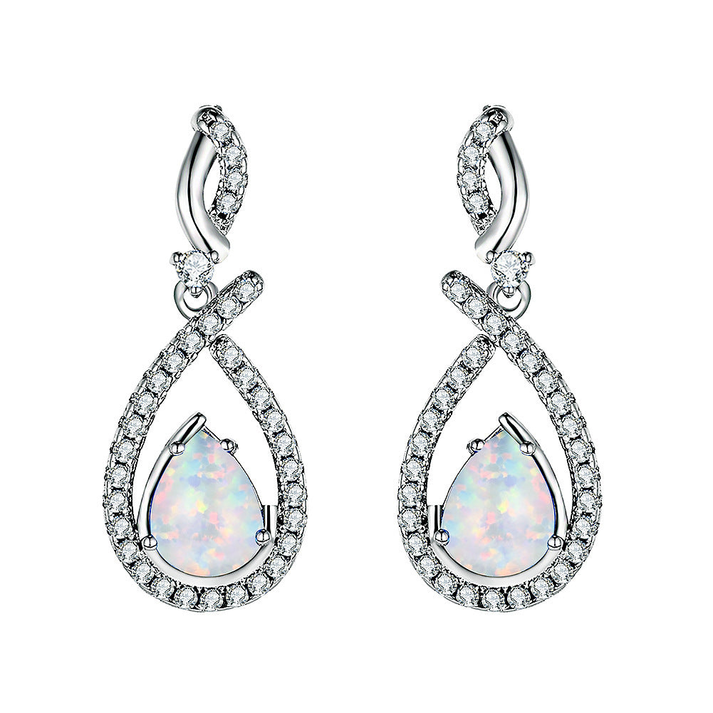 Women's Pear Shape Halo White & Blue Opal Teardrop Dangle Earrings, White Gold Plating