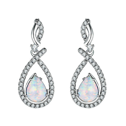 Women's Pear Shape Halo White & Blue Opal Teardrop Dangle Earrings, White Gold Plating