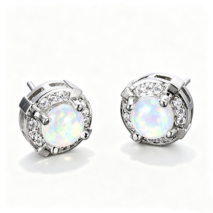 Women's Round Four‑Prong Halo Blue & White Opal Stud Earrings,with White Gold Plating
