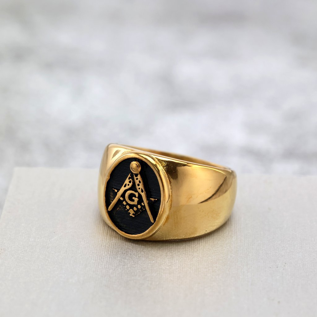 Vintage Gold Plated Stainless Steel AG Masonic Round Ring for Men Black Polished Background