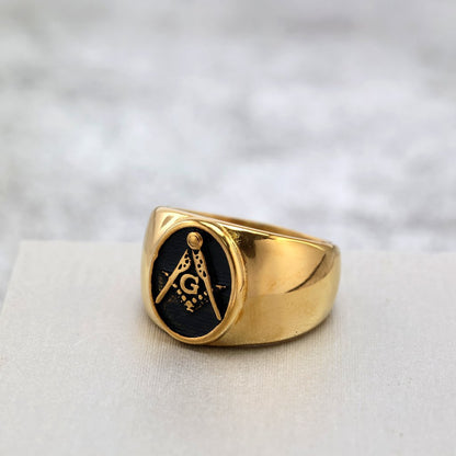 Vintage Gold Plated Stainless Steel AG Masonic Round Ring for Men Black Polished Background