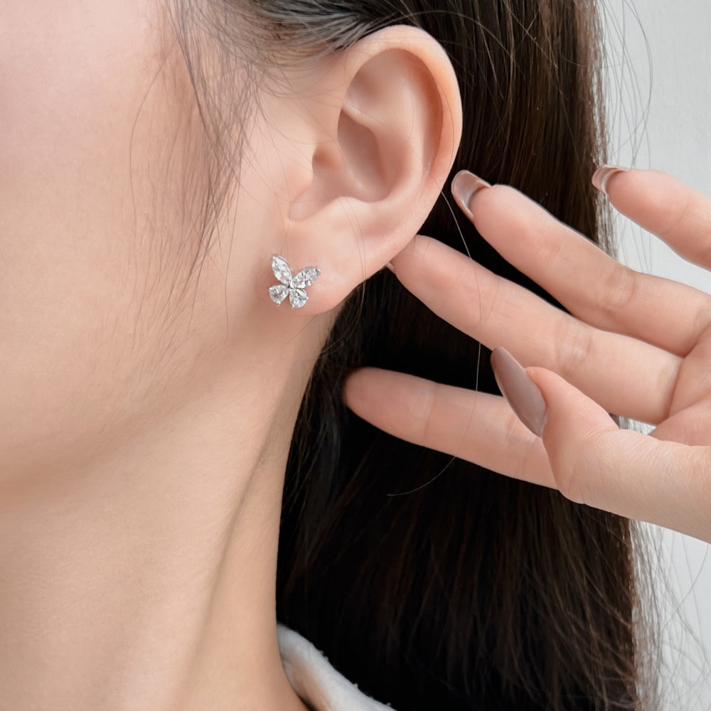 Women's Butterfly Stud Earrings, Marquise Clear Zirconia, S925 with White Gold Plating