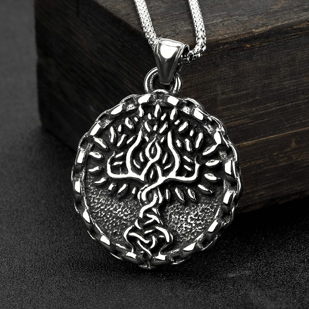 Men's Steel Nordic Tree of Life Lace Edge Round Retro Street Jewelry Pendant Necklace