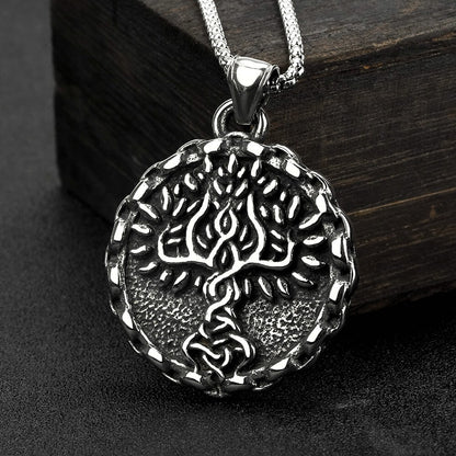 Men's Steel Nordic Tree of Life Lace Edge Round Retro Street Jewelry Pendant Necklace