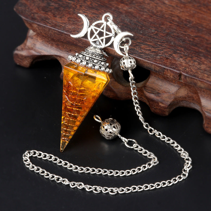 Three-phase moon seven-colored crushed stone resin crystal hexagonal pyramid spirit pendulum