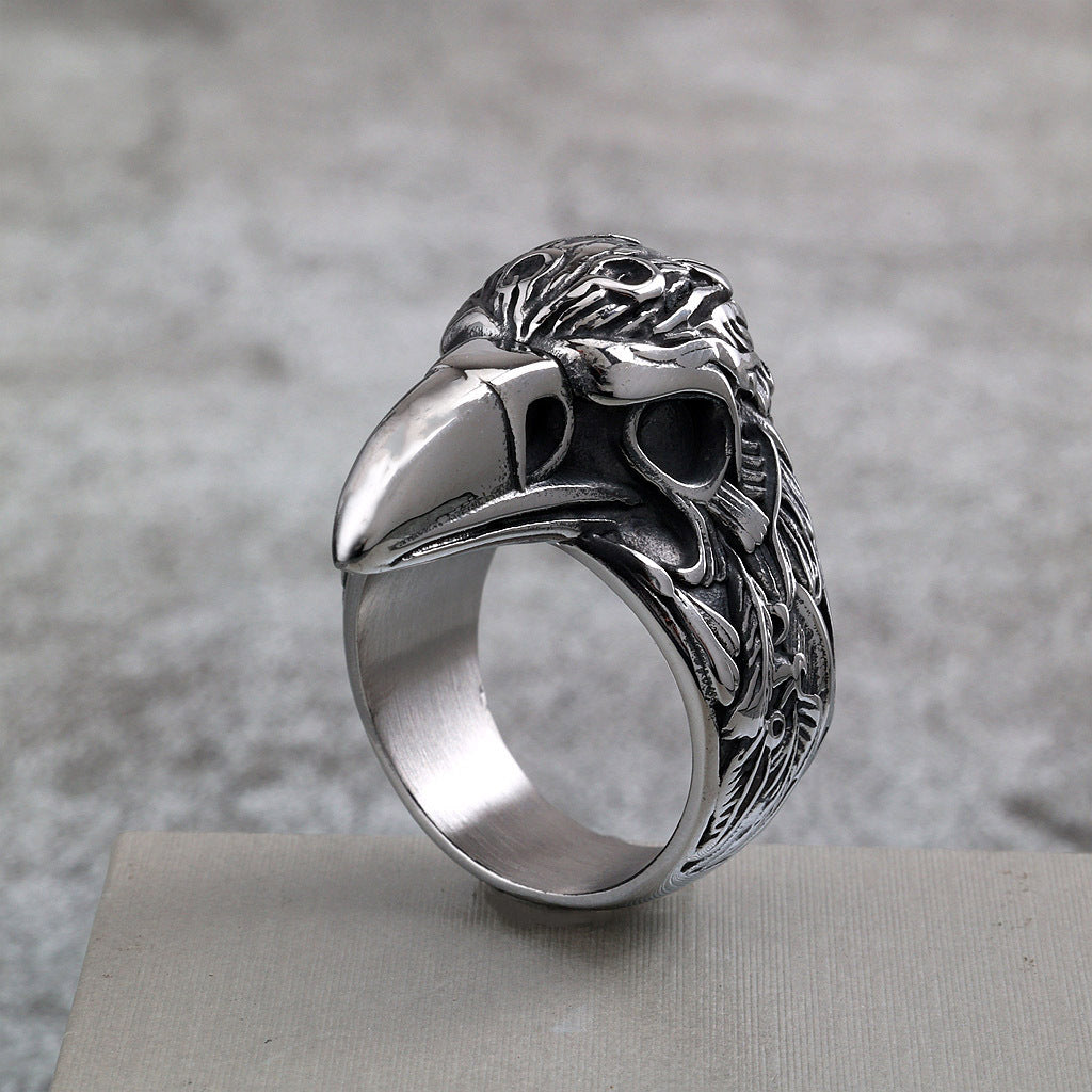 Vintage Solid Stainless Steel 3D Raven Skull Head Band Ring for Men