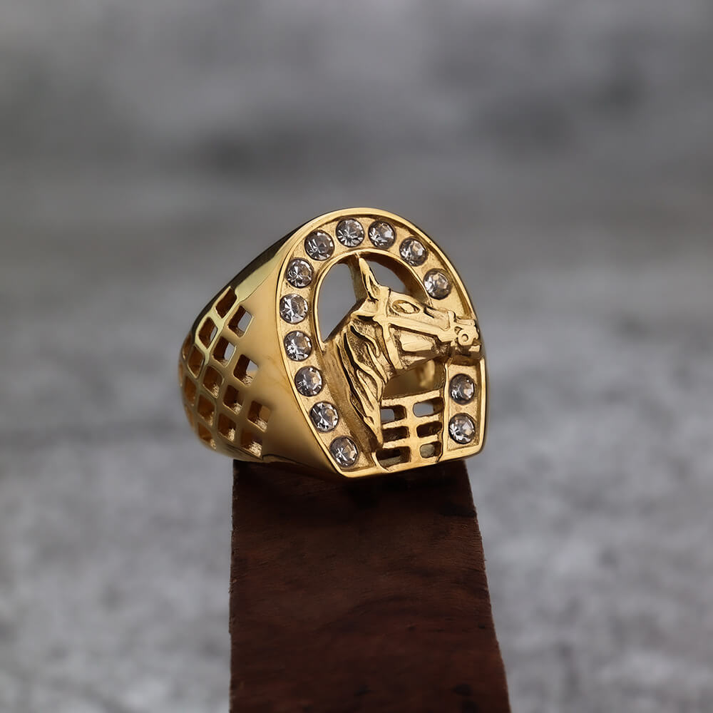 Gold Plated Stainless Steel Iced Out Hollow Cast Horse Head Hip Hop Ring for Men