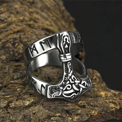 Vintage Nordic Stainless Steel Viking Rune Hammer Ring for Men
