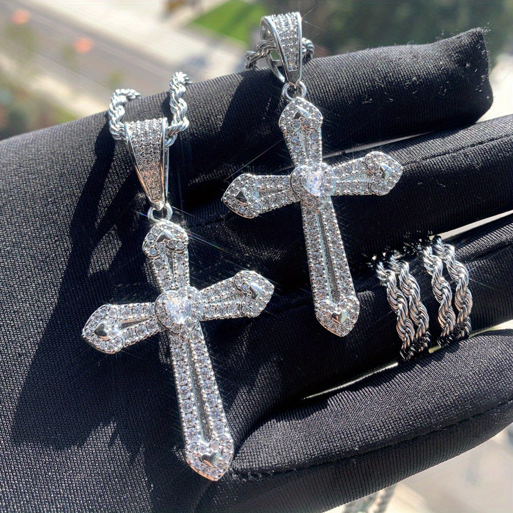 Men's Heart-Shaped Cross Zircon Pendant Necklace
