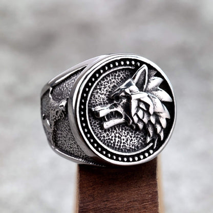 Vintage Solid Stainless Steel Viking Odin Wolf Head Round Ring for Men
