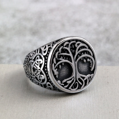 Vintage Nordic Stainless Steel Viking Tree of Life Celtic Knot Round Ring for Men