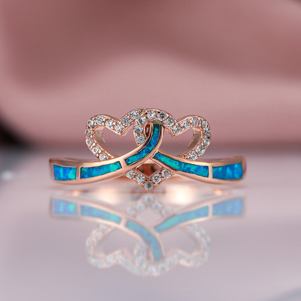 Women's Intertwined Double Heart Opal With Zirconia Ring