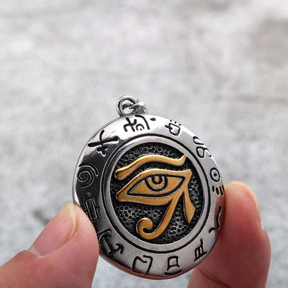 Vintage Stainless Steel Men's Egyptian Eye of Horus Round Pendant Necklace