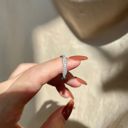Women's S925 Silver White Gold Tone Pave Zircon Wave Ring, Luxury Stackable Ladies Fashion Ring
