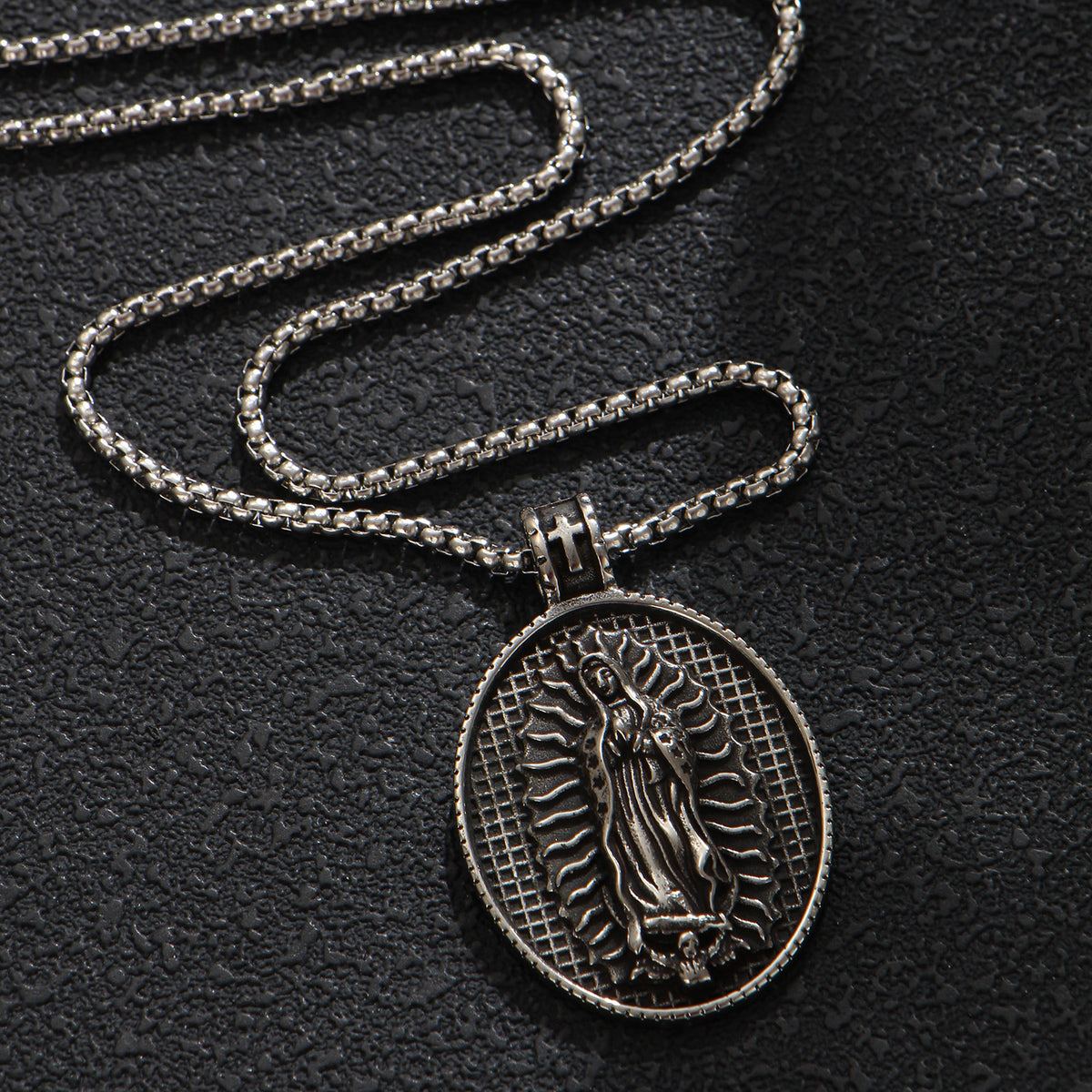 Men's Steel Oval Virgin Mary Pendant Necklace