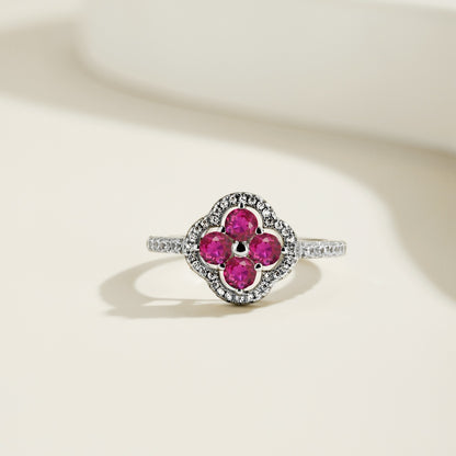 Women's S925 Silver White Gold Tone Ring, Four-Leaf Clover Shape Fuchsia Cubic Zirconia Halo Ladies Fashion Ring