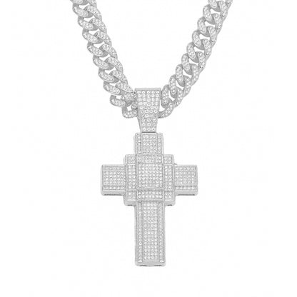 Hip-Hop 3D Zircon-Encrusted Cross Cuban Chain Pendant Necklace