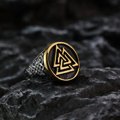 Vintage Stainless Steel Round Viking Triangle Symbol Engraved Ring for Men