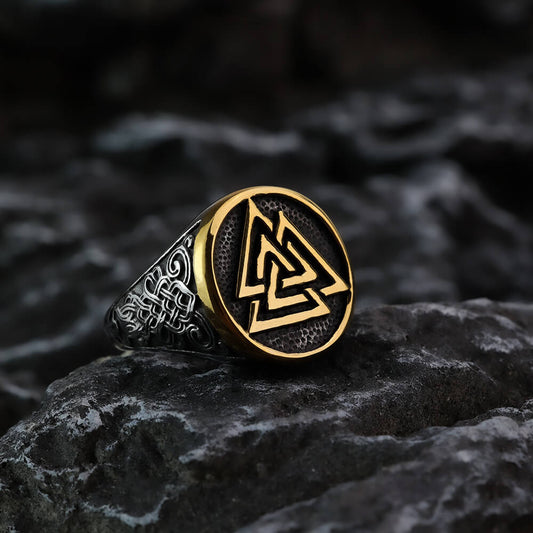 Vintage Stainless Steel Round Viking Triangle Symbol Engraved Ring for Men