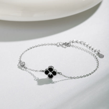 Women's Bracelet, Black Shell Inlaid Clover With Black Onyx & Zirconia, S925 with White Gold Plating