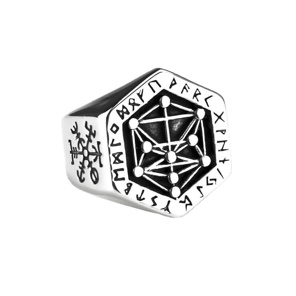 Vintage Nordic Solid Stainless Steel Viking Rune Vegvisir Compass Ring for Men