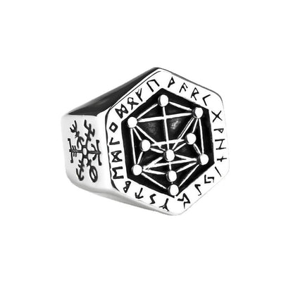 Vintage Nordic Solid Stainless Steel Viking Rune Vegvisir Compass Ring for Men