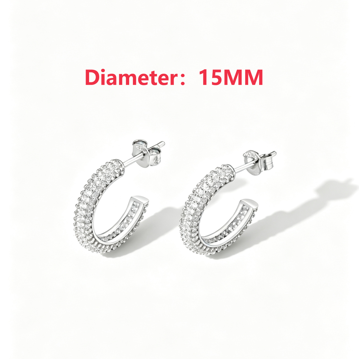 Women's Delicate 15 mm Round Huggie Earrings, Full Paved Round Zirconia, S925 with White Gold Plating