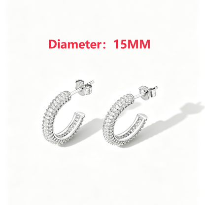 Women's Delicate 15 mm Round Huggie Earrings, Full Paved Round Zirconia, S925 with White Gold Plating
