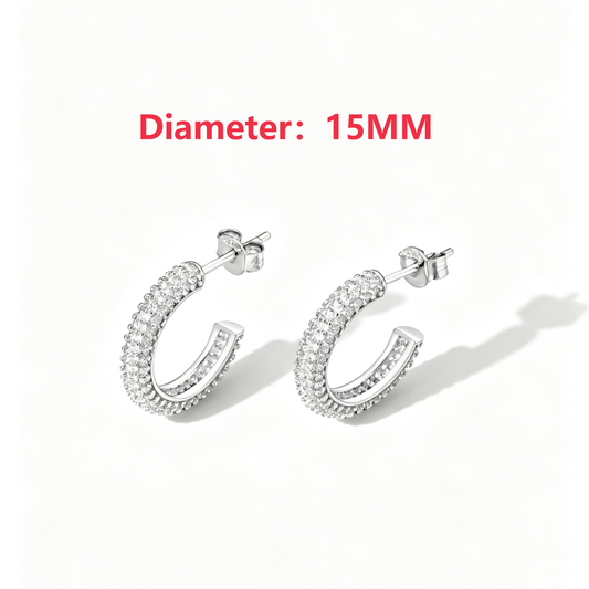 Women's Delicate 15 mm Round Huggie Earrings, Full Paved Round Zirconia, S925 with White Gold Plating