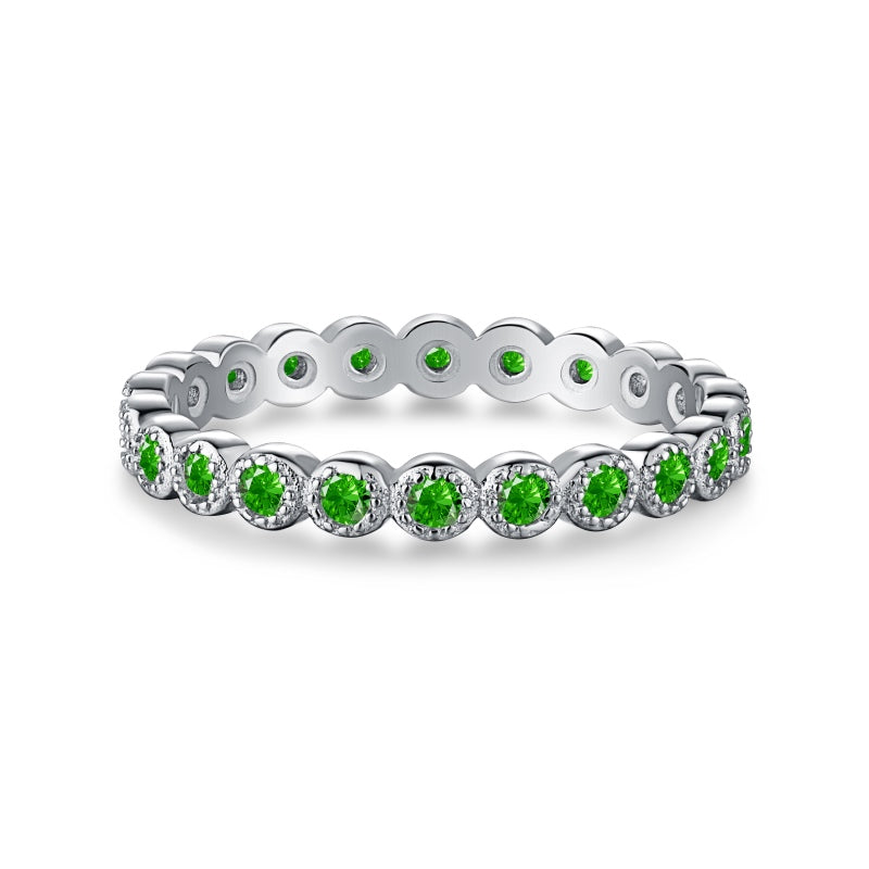 Women's Bezel Set Green Zirconia Row Stone Ring, S925 with White Gold Plating