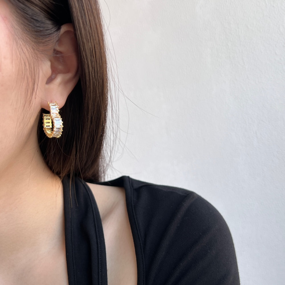 Women's Heart Hollow Huggie Earrings, Full Paved Rectangular Zirconia Inlaid, Premium Style, S925 with 18K Gold Plating