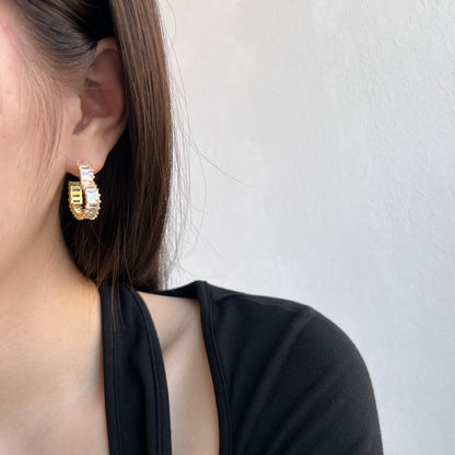 Women's Heart Hollow Huggie Earrings, Full Paved Rectangular Zirconia Inlaid, Premium Style, S925 with 18K Gold Plating