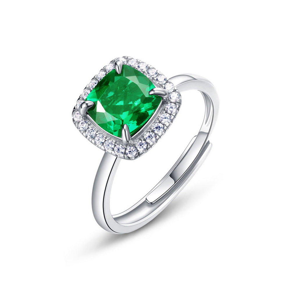 Women's White Gold Cushion Shape Emerald Halo Adjustable Ring