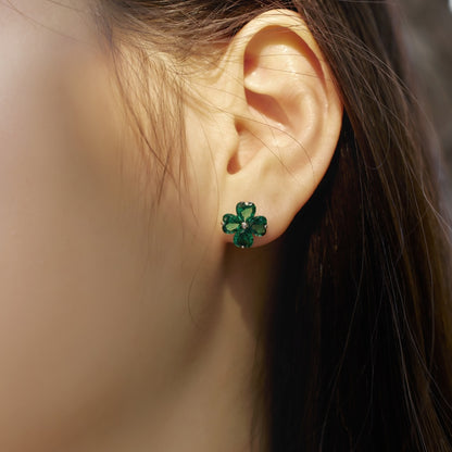 Women's Clover Stud Earrings, Heart‑Shape Emerald with Bead Accent, S925 with White Gold Plating
