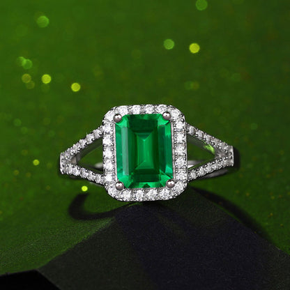 Women's White Gold Halo Emerald Hollow Adjustable Ring