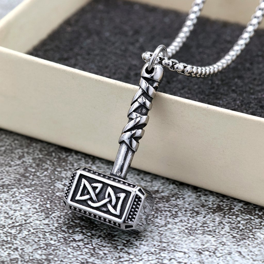 Vintage Stainless Steel Viking Pattern Hammer Pendant Necklace for Men