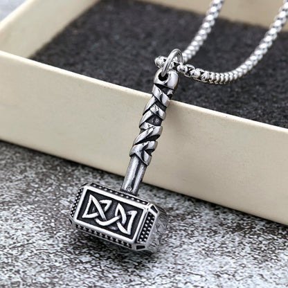Vintage Stainless Steel Viking Pattern Hammer Pendant Necklace for Men