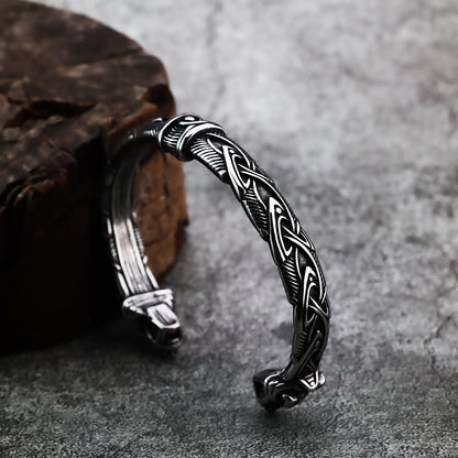 Viking Double Wolf Head Open C Bracelet for Men, Nordic Pirate Vintage Stainless Steel Cuff Bangle