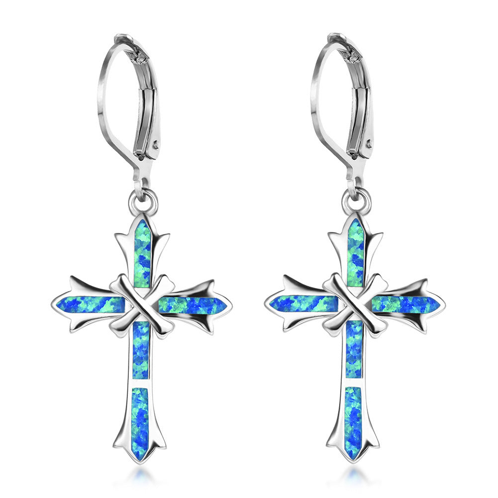 Women's Cross Dangle Hoop Earrings With Blue Opal Inlay, with White Gold Plating
