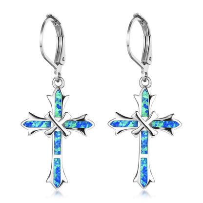 Women's Cross Dangle Hoop Earrings With Blue Opal Inlay, with White Gold Plating