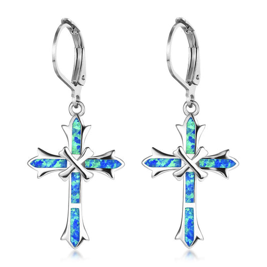 Women's Cross Dangle Hoop Earrings With Blue Opal Inlay, with White Gold Plating