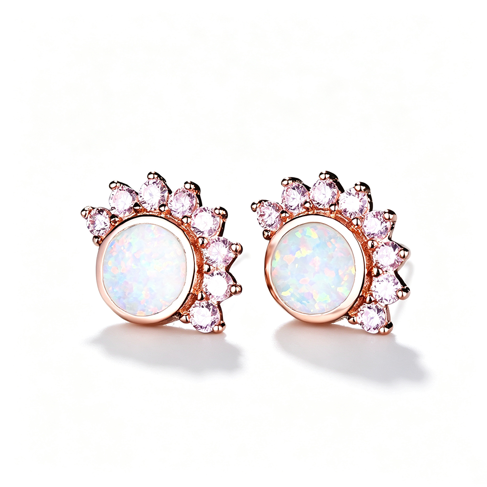 Women's Sunflower Halo White Opal With Color Sapphire Stud Earrings, White Gold Plating & Rose Gold Plating