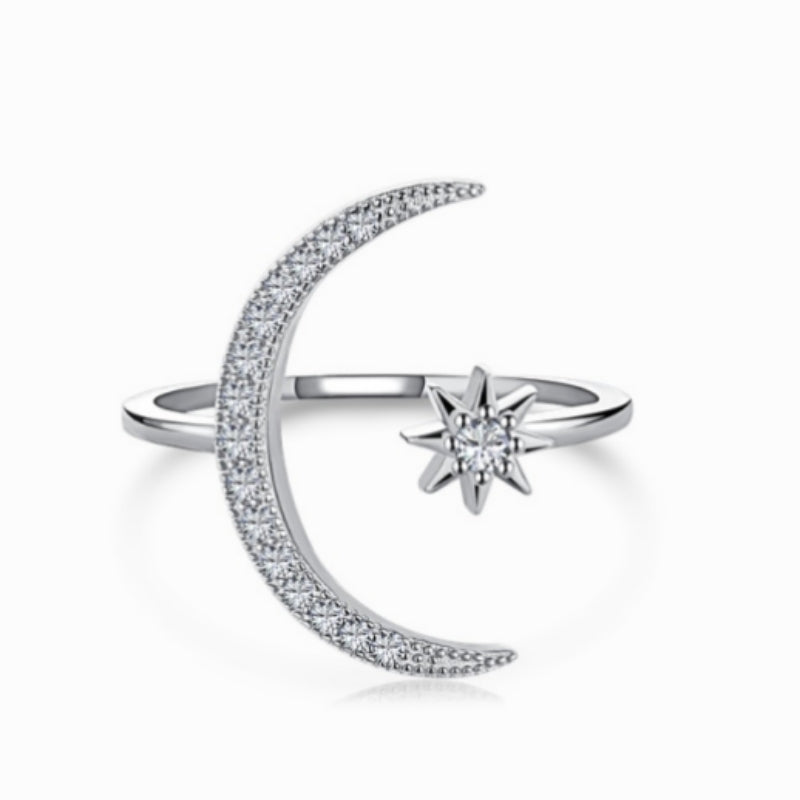 Women's S925 Moon And Star Thin Stackable Adjustable Ring