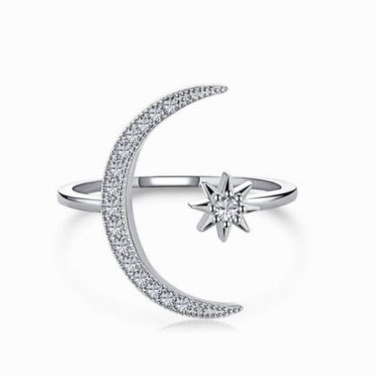 Women's S925 Moon And Star Thin Stackable Adjustable Ring