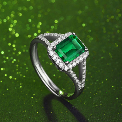 Women's White Gold Halo Emerald Hollow Adjustable Ring