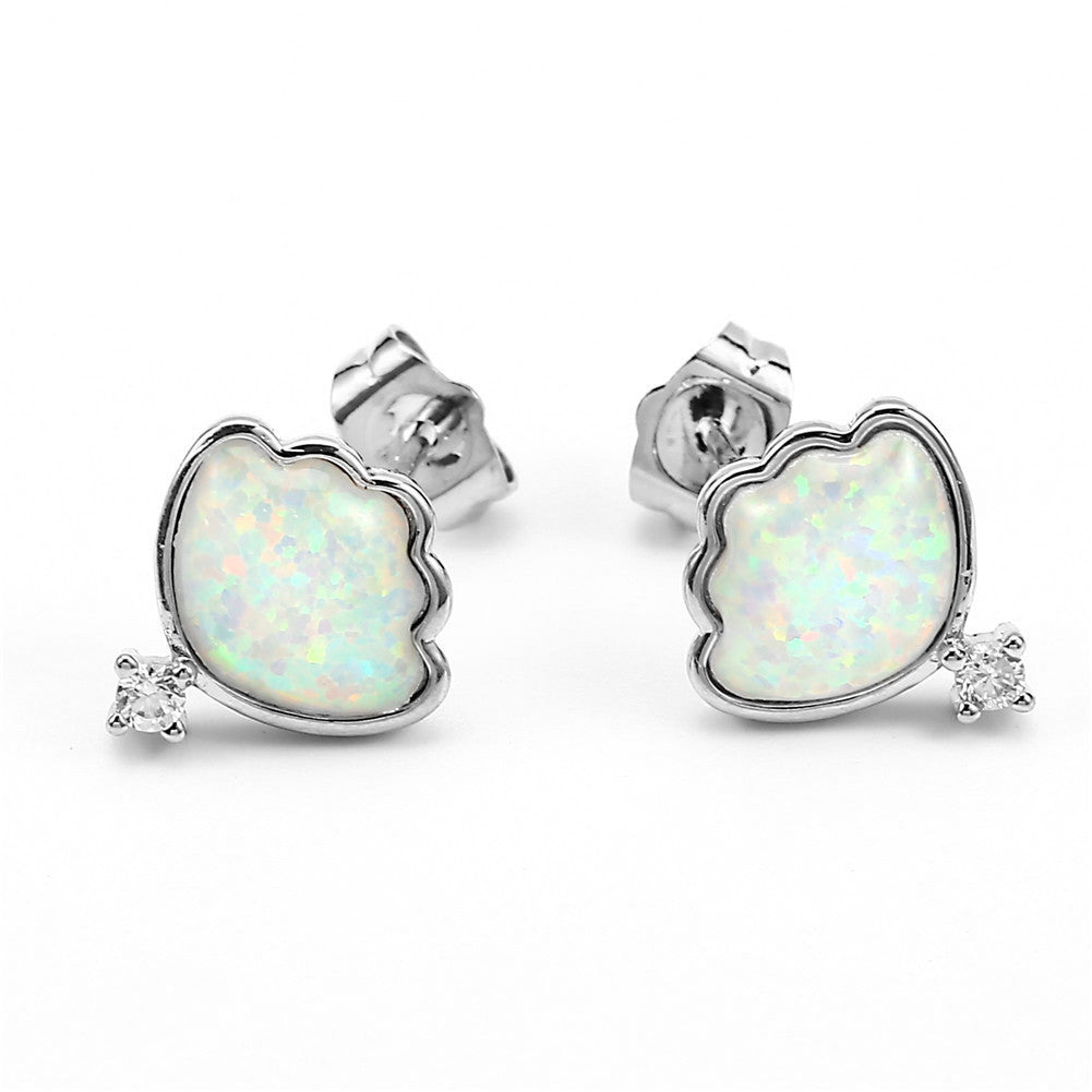 Women's Shell‑Shape Opal With Zirconia Accent Stud Earrings, with White Gold Plating