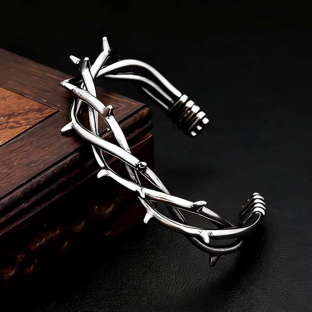 Men's Vintage Twisted Stainless Steel Open C Cuff Bracelet, Thorn Crown Gothic Style Retro Adjustable Bangle
