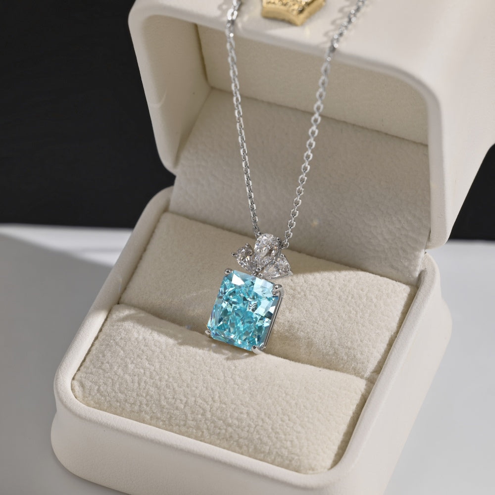 Women's Pendant Necklace, Blue Ice‑Cut Rectangle & White Pear Shape Spliced Zirconia, S925 with White Gold Plating